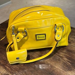 Harrods yellow patent bowling style purse